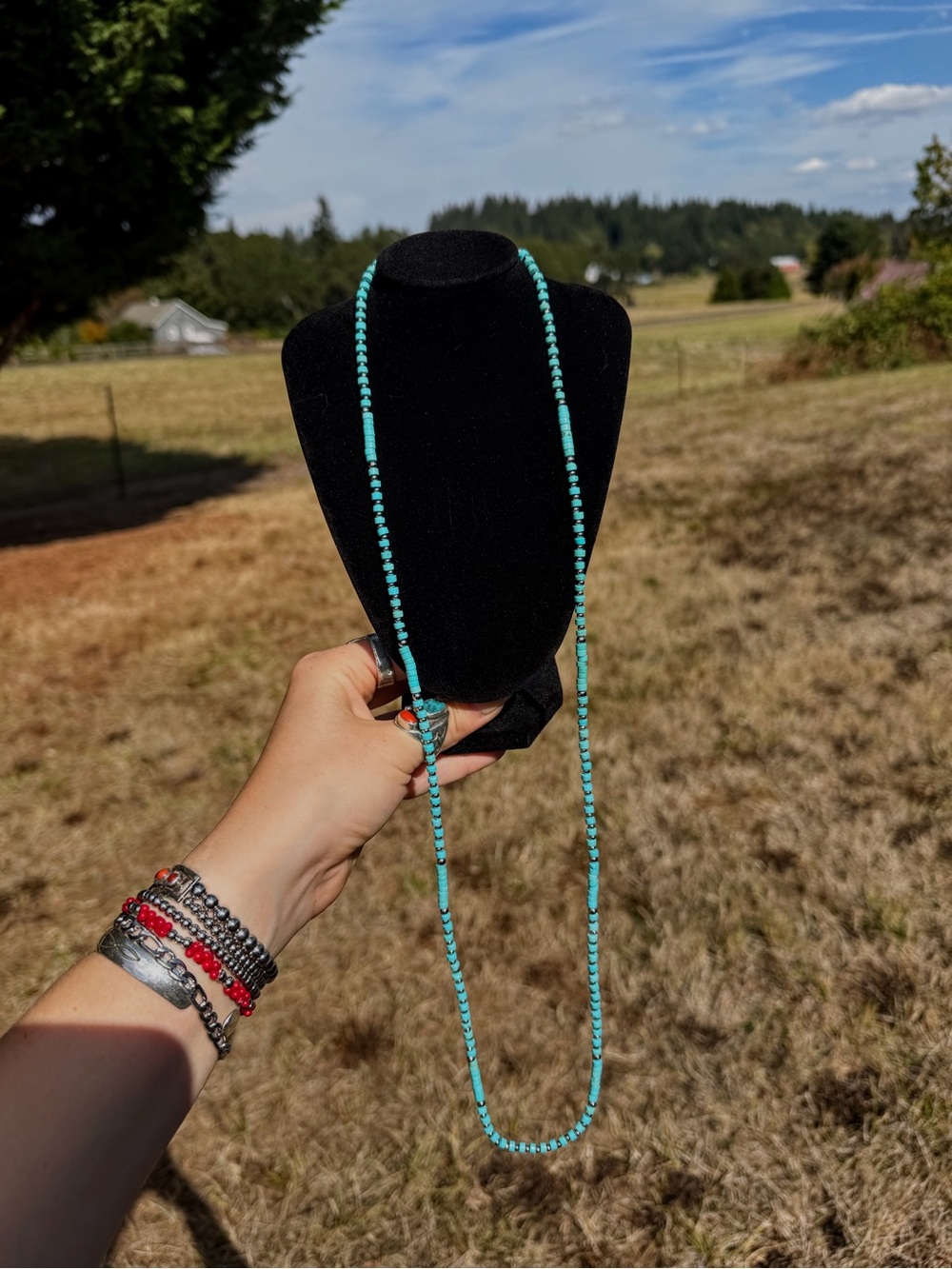 Long Genuine Turquoise Disc Beaded Necklace - Stainless Steel Pearls